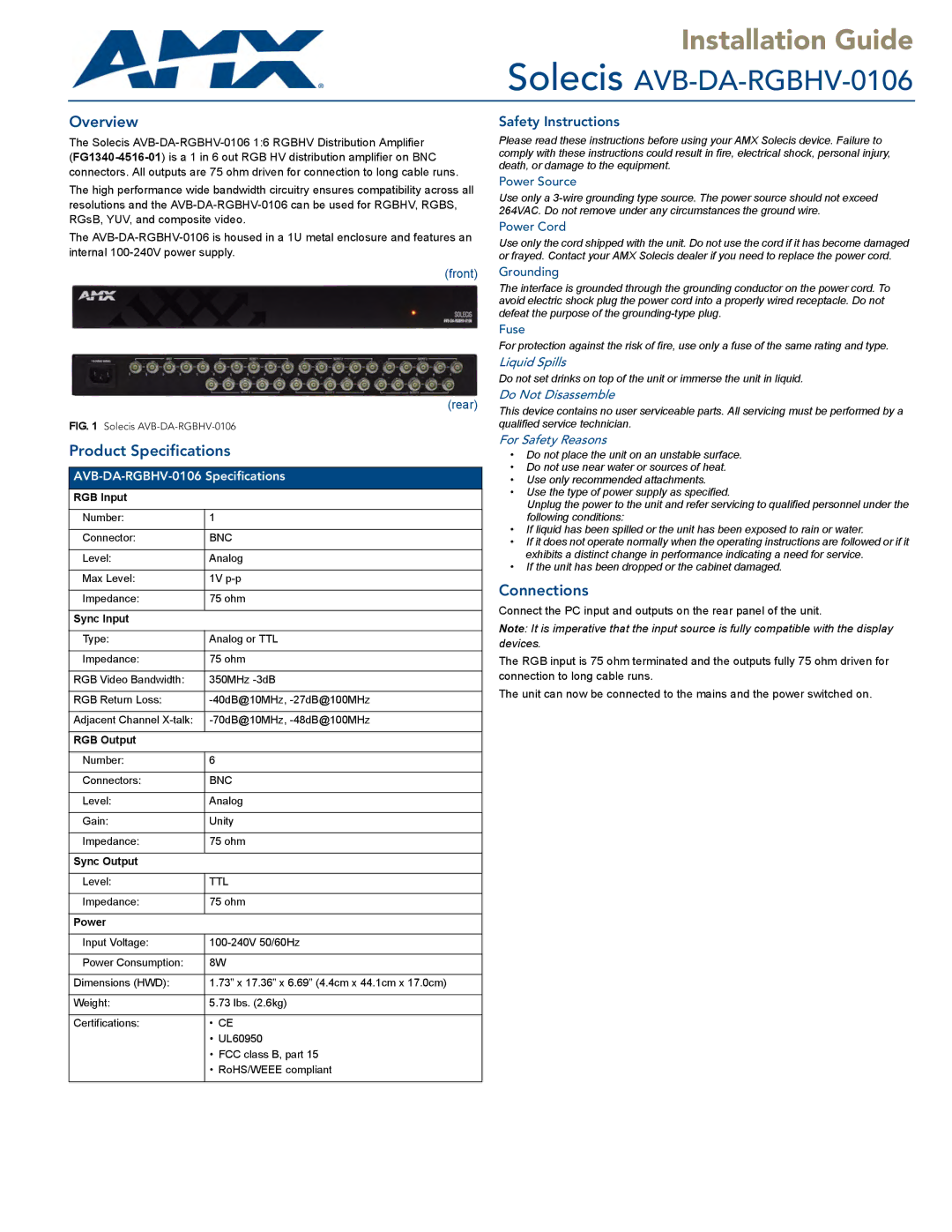 AMX AVB-DA-RGBHV-0106 specifications Overview, Product Specifications, Connections 