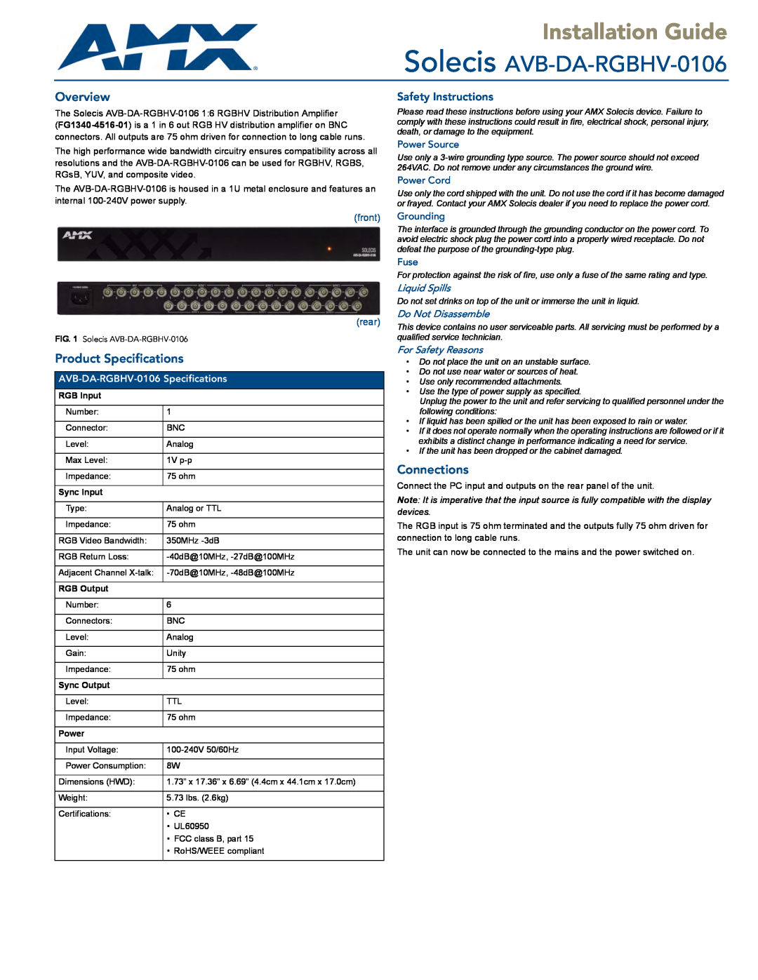 AMX specifications Installation Guide, Solecis AVB-DA-RGBHV-0106, Overview, Product Specifications, Connections, front 