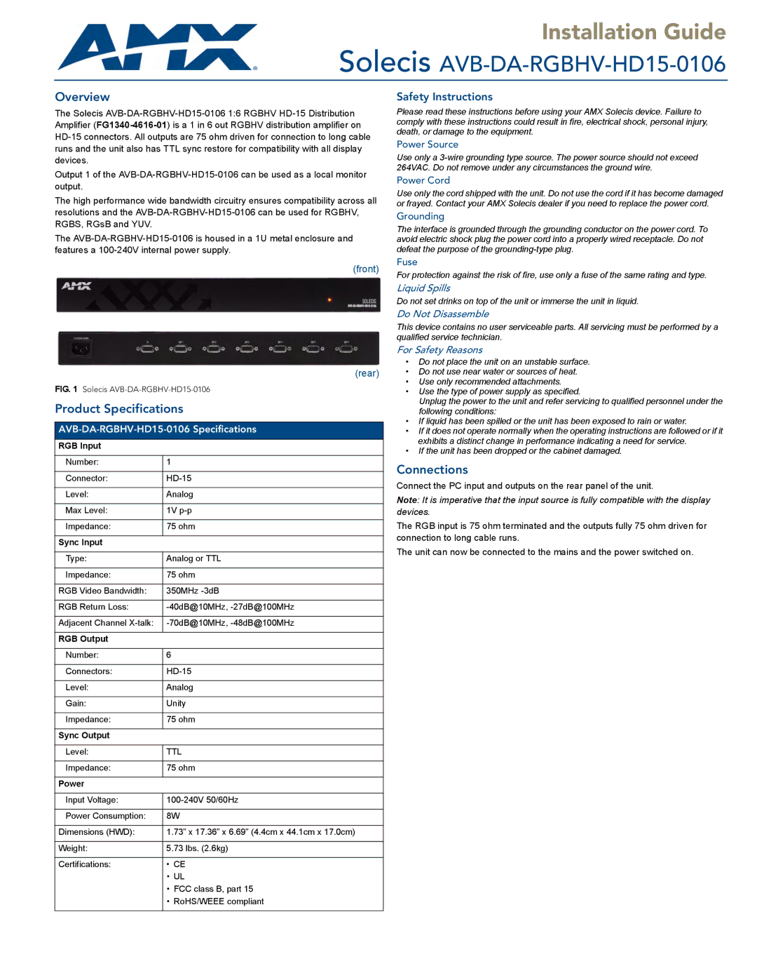 AMX AVB-DA-RGBHV-HD15-0106 specifications Overview, Product Specifications, Connections 