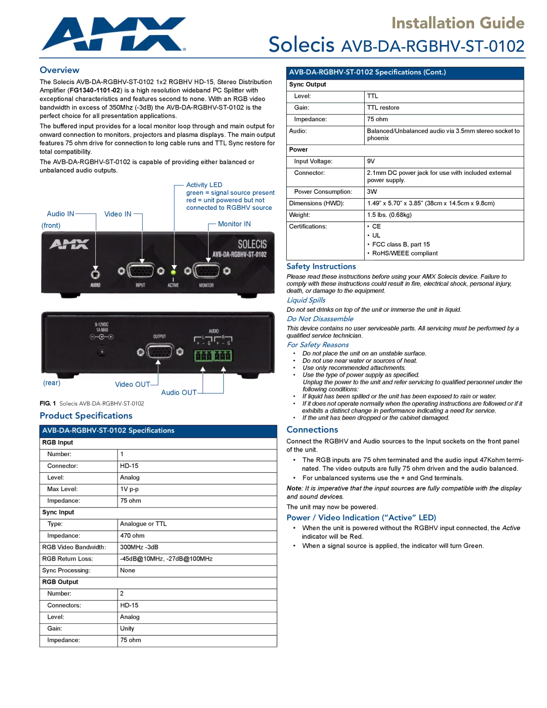 AMX AVB-DA-RGBHV-ST-0102 specifications Overview, Product Specifications, Connections, Safety Instructions 