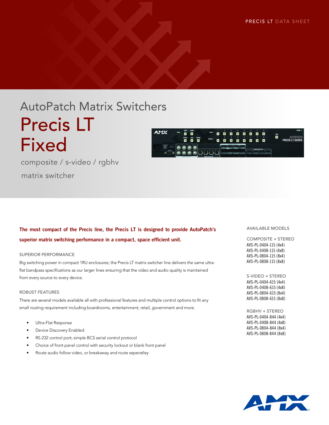 AMX AVS-PL-0808-844, AVS-PL-0808-615, AVS-PL-0808-115 specifications Precis LT Fixed, AutoPatch Matrix Switchers 