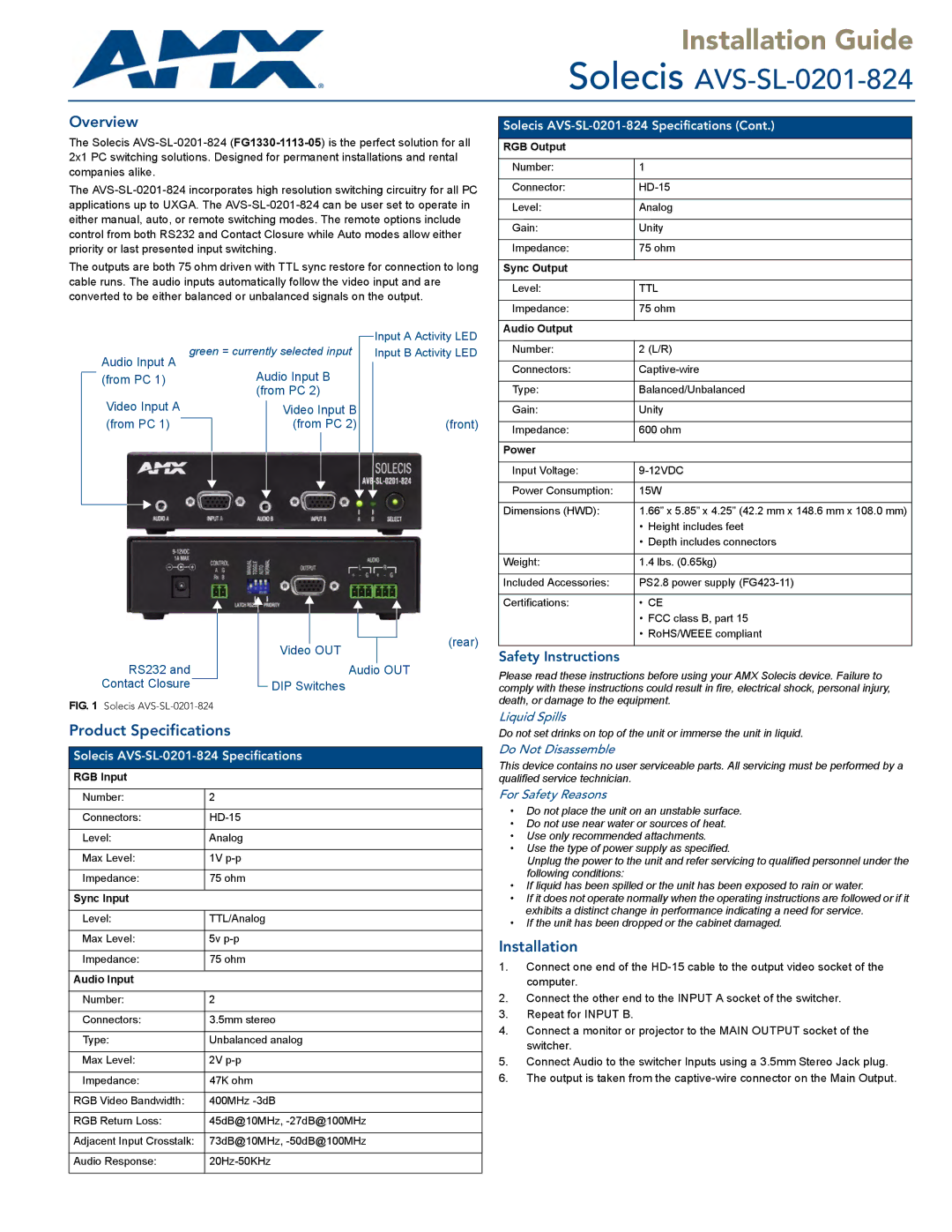 AMX AVS-SL-0201-824 specifications Overview, Product Specifications, Installation, Safety Instructions 