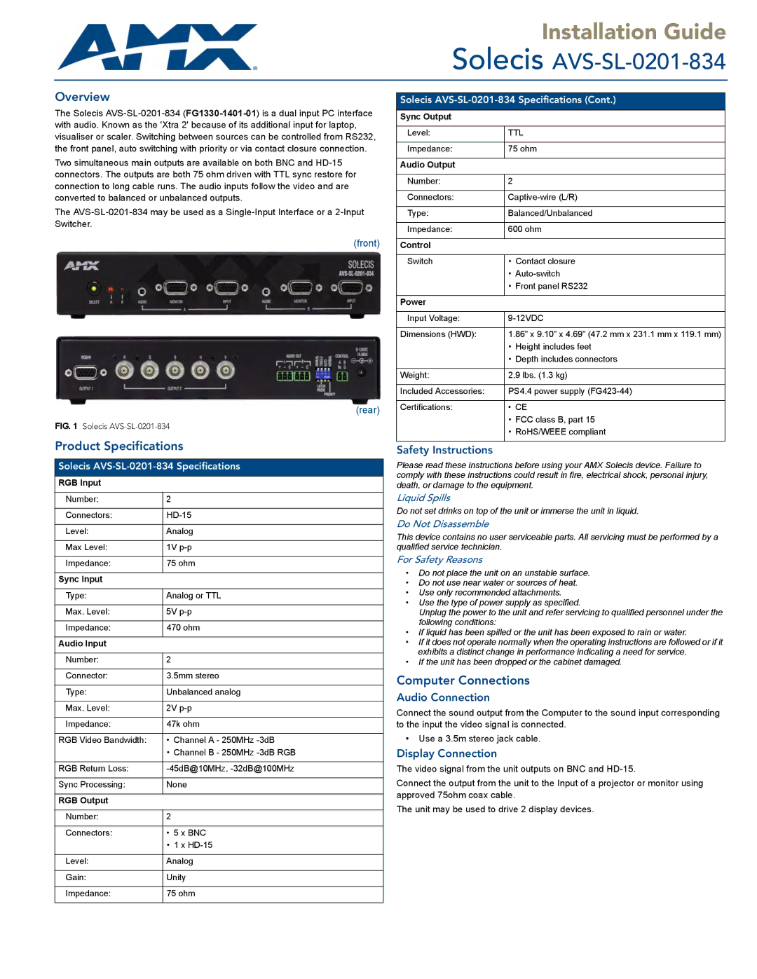 AMX AVS-SL-0201-834 specifications Overview, Product Specifications, Computer Connections 