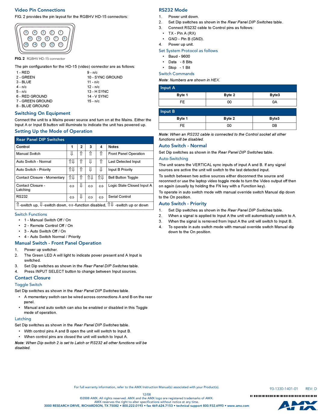 AMX AVS-SL-0201-834 Video Pin Connections, Switching On Equipment, Setting Up the Mode of Operation, RS232 Mode 