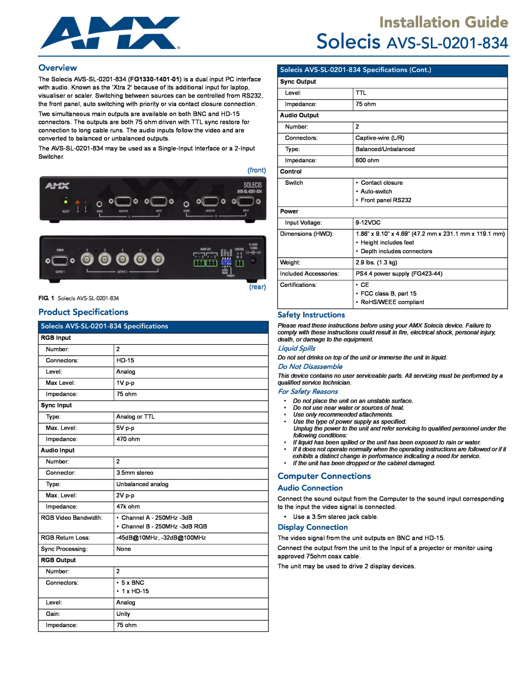AMX AVS-SL-0201-834 specifications Safety Instructions, Audio Connection, Display Connection, front rear, Overview 