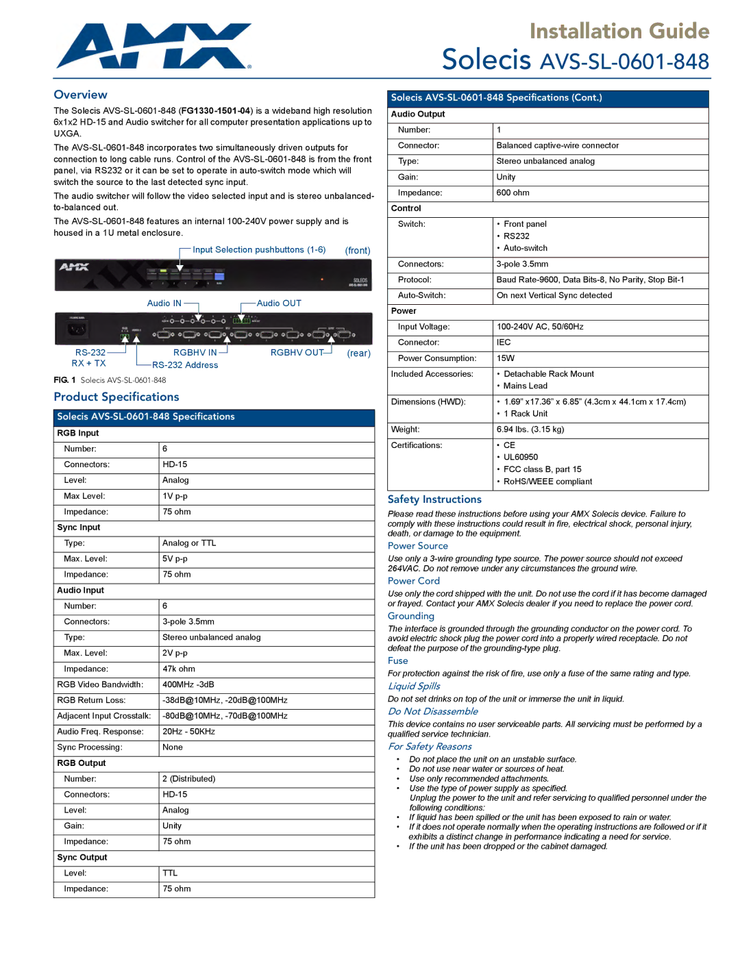 AMX AVS-SL-0601-848 specifications Overview, Product Specifications, Safety Instructions 