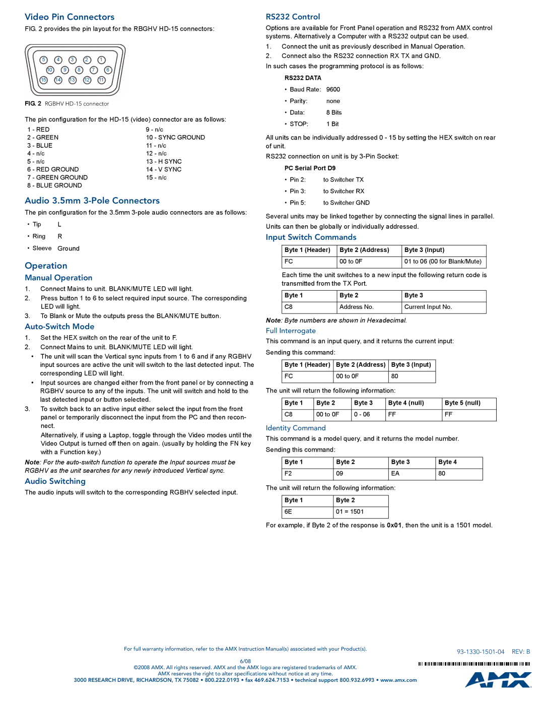 AMX AVS-SL-0601-848 specifications Video Pin Connectors, Audio 3.5mm 3-Pole Connectors, Operation 