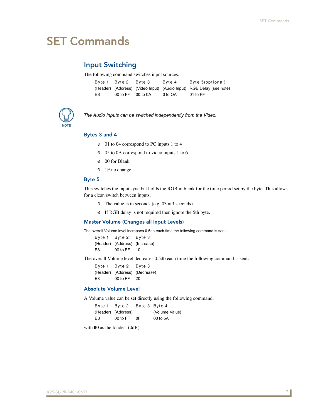 AMX AVS-SL-PR-0401-0601 manual SET Commands, Input Switching 