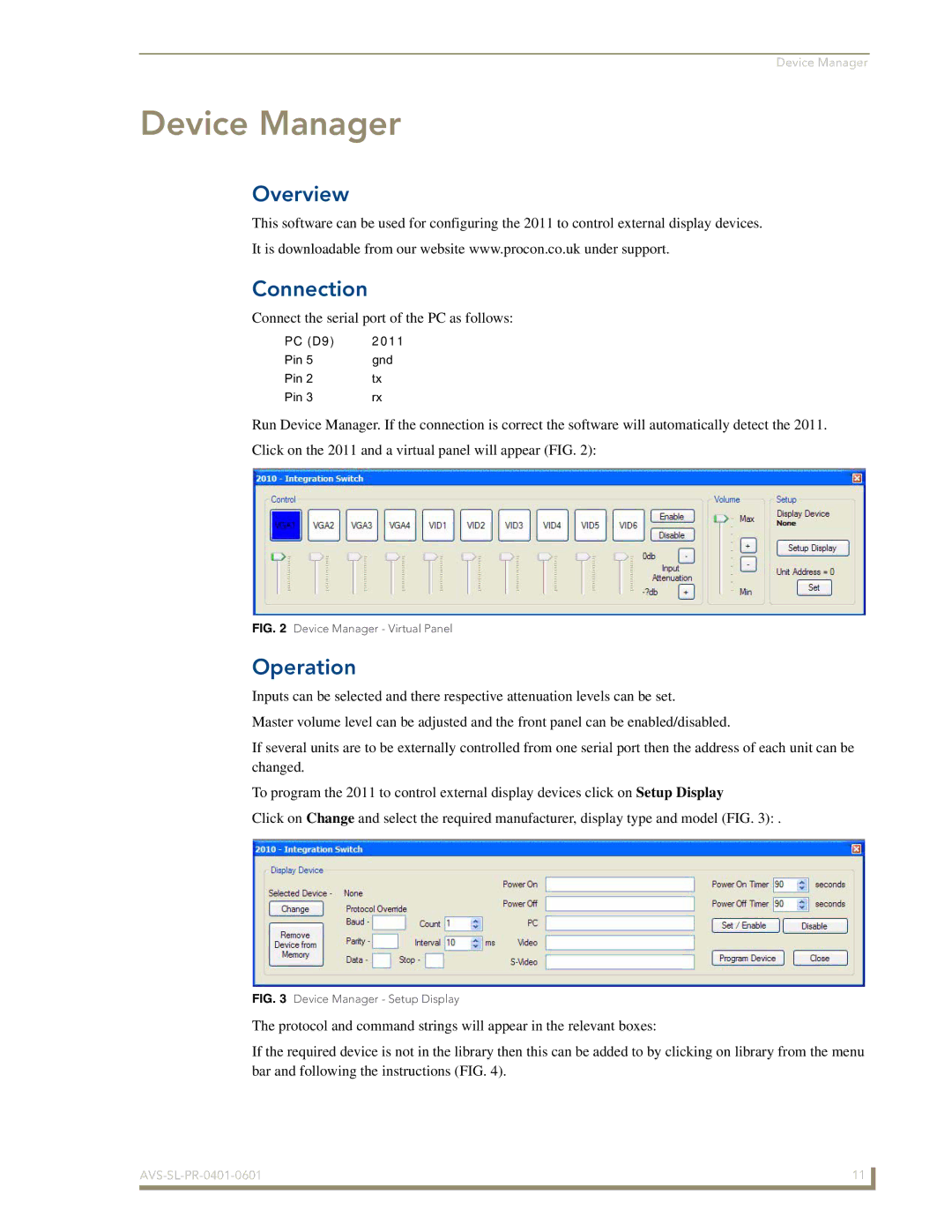 AMX AVS-SL-PR-0401-0601 manual Device Manager, Connection, Operation 