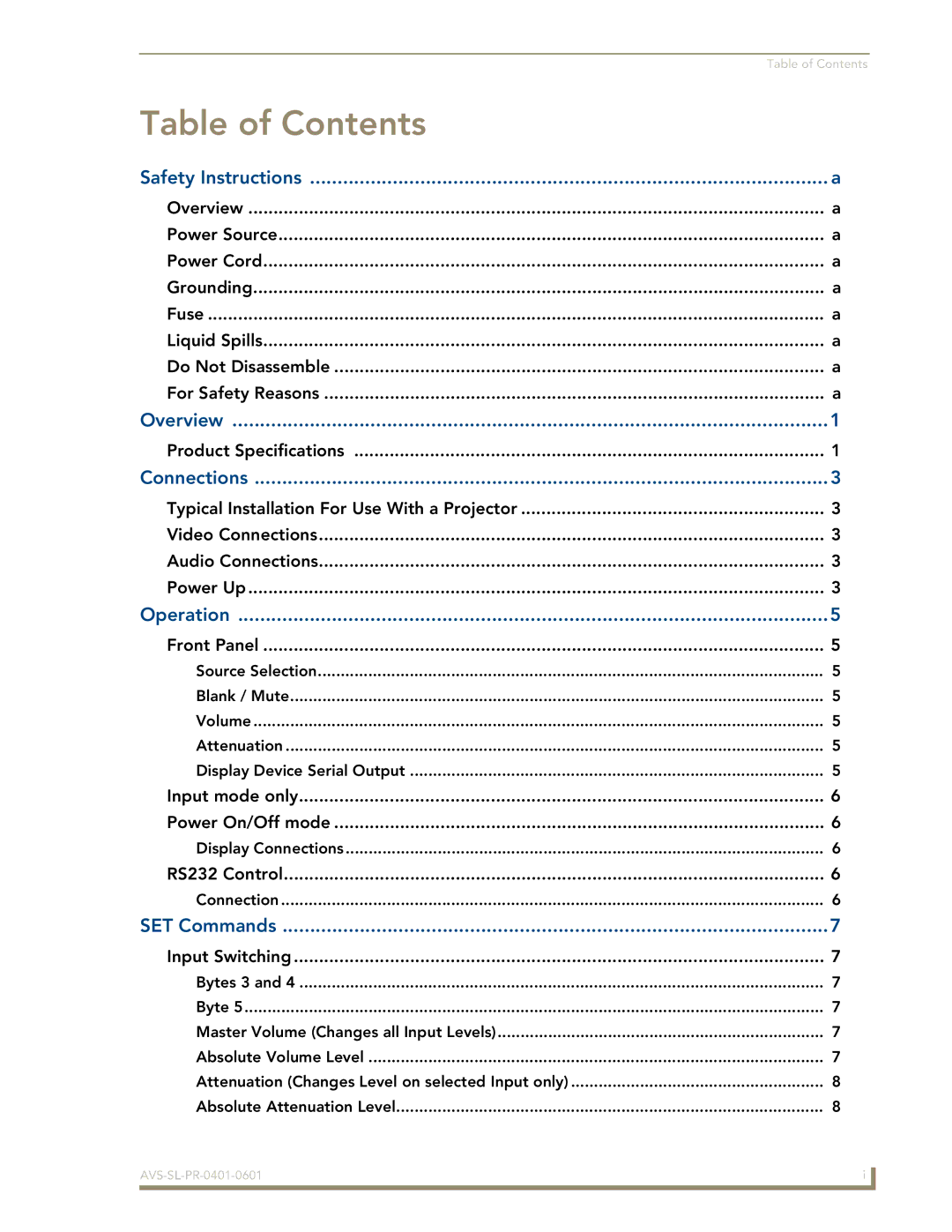 AMX AVS-SL-PR-0401-0601 manual Table of Contents 