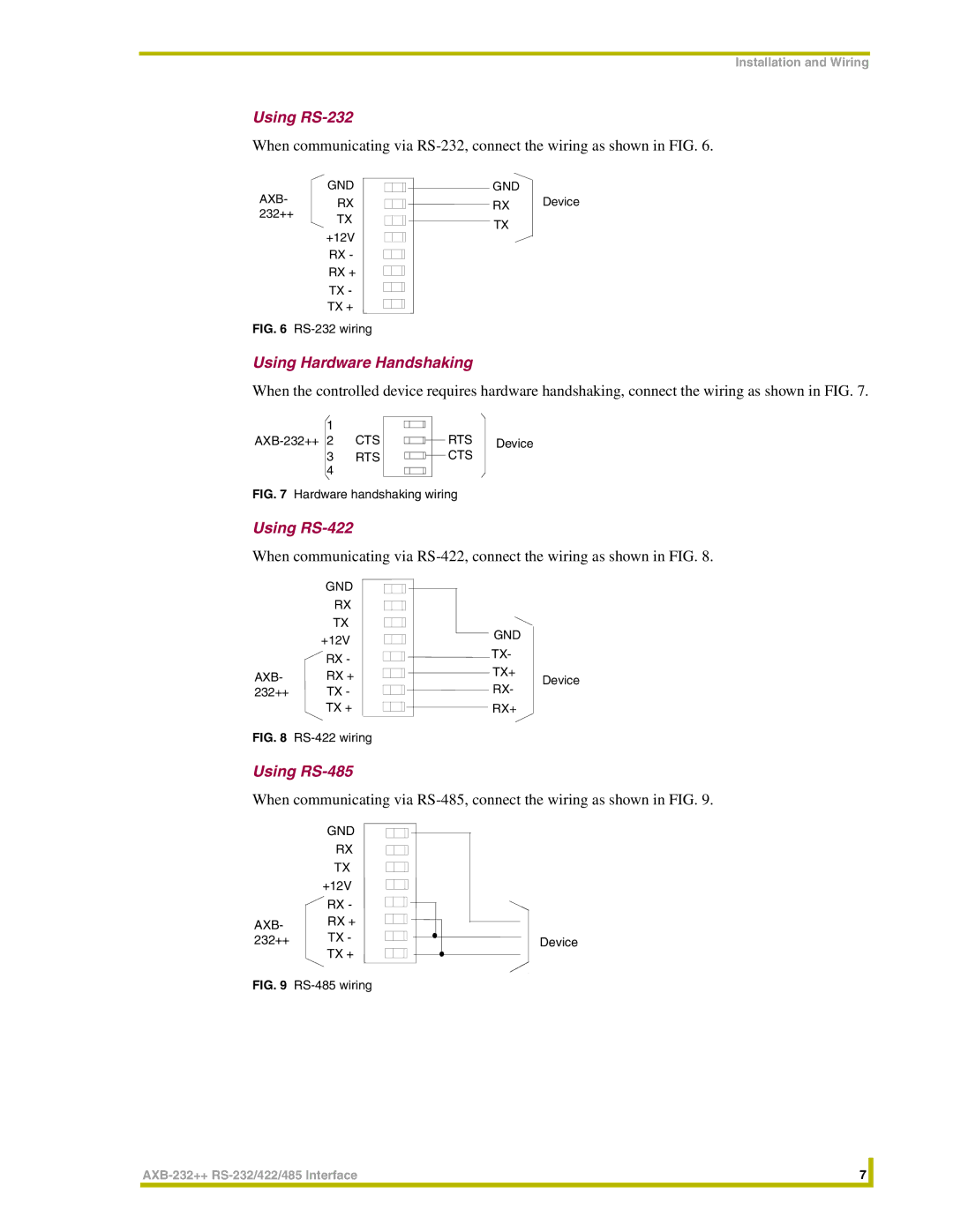 AMX AXB-232++ instruction manual Using RS-232, Using Hardware Handshaking, Using RS-422, Using RS-485 