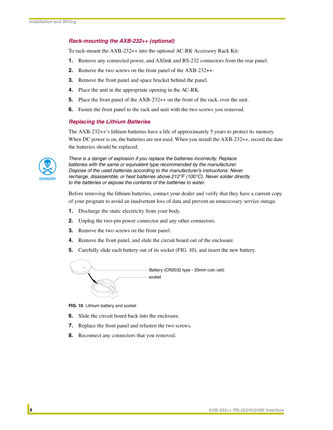 AMX instruction manual Rack-mounting the AXB-232++ optional, Replacing the Lithium Batteries 