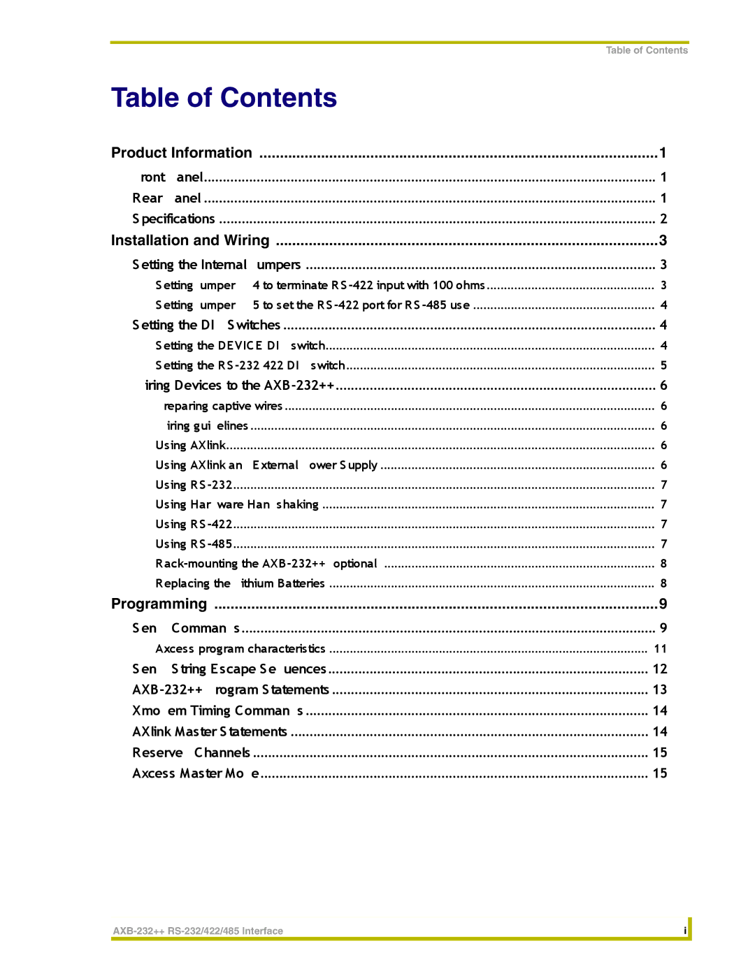 AMX AXB-232++ instruction manual Table of Contents 