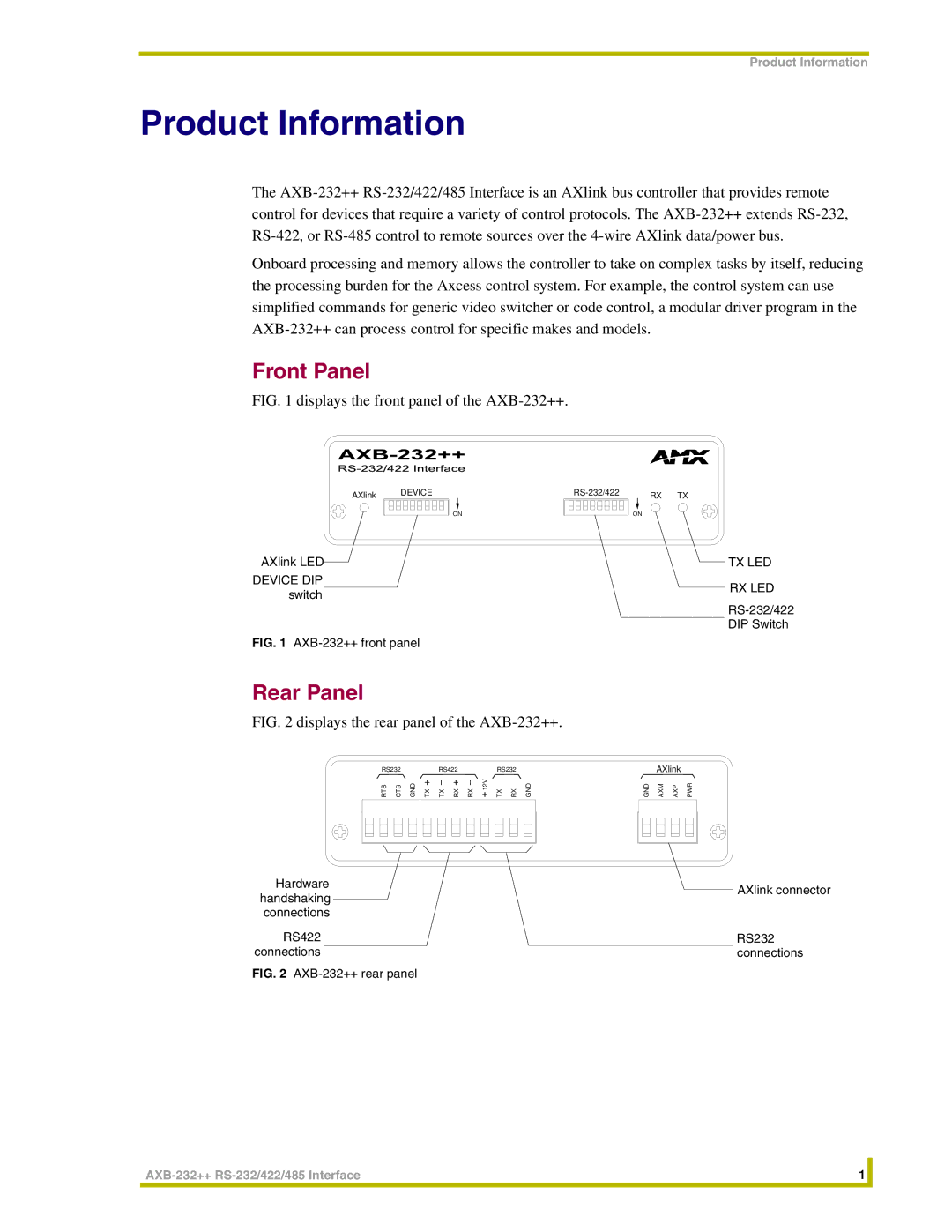 AMX AXB-232++ instruction manual Product Information, Front Panel, Rear Panel 