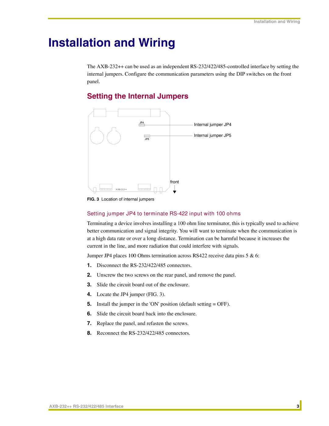 AMX AXB-232++ instruction manual Installation and Wiring, Setting the Internal Jumpers 