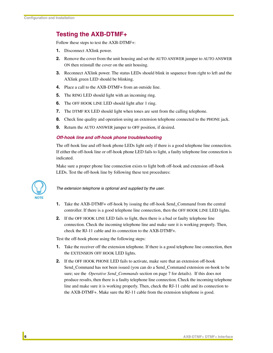 AMX instruction manual Testing the AXB-DTMF+, Off-hook line and off-hook phone troubleshooting 