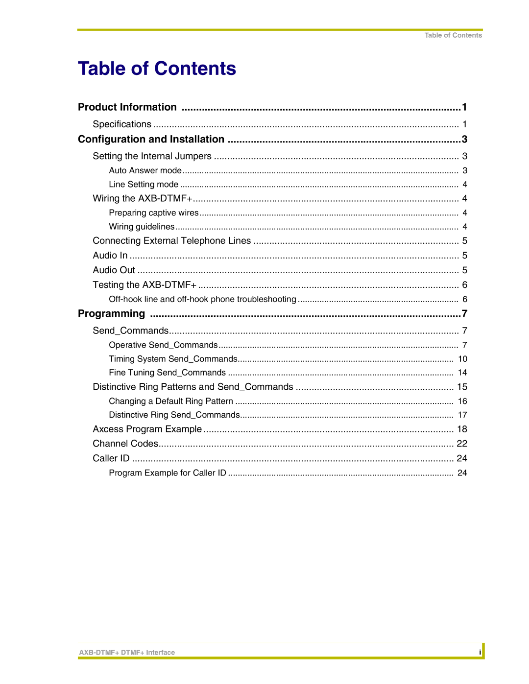 AMX AXB-DTMF+ instruction manual Table of Contents 