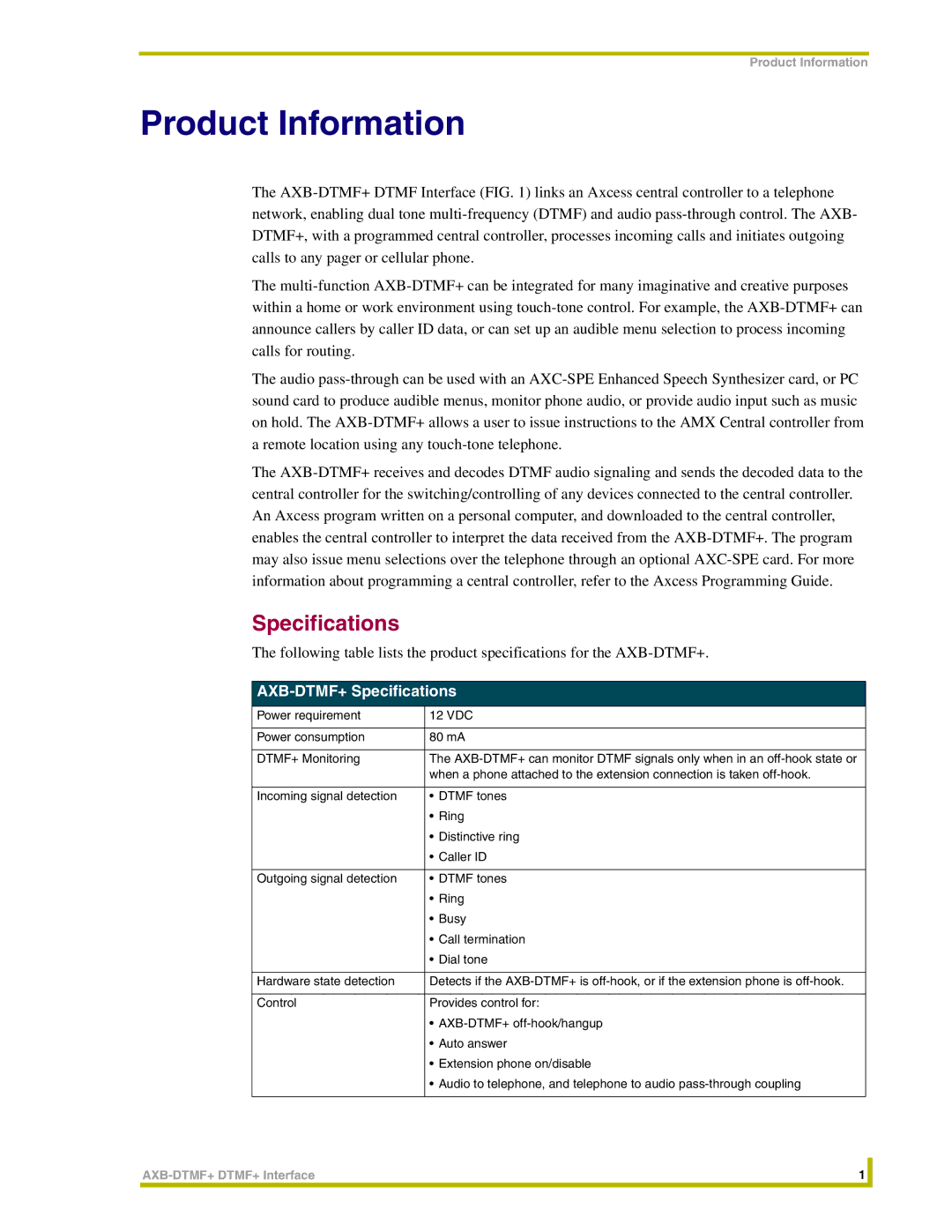 AMX instruction manual AXB-DTMF+ Specifications 