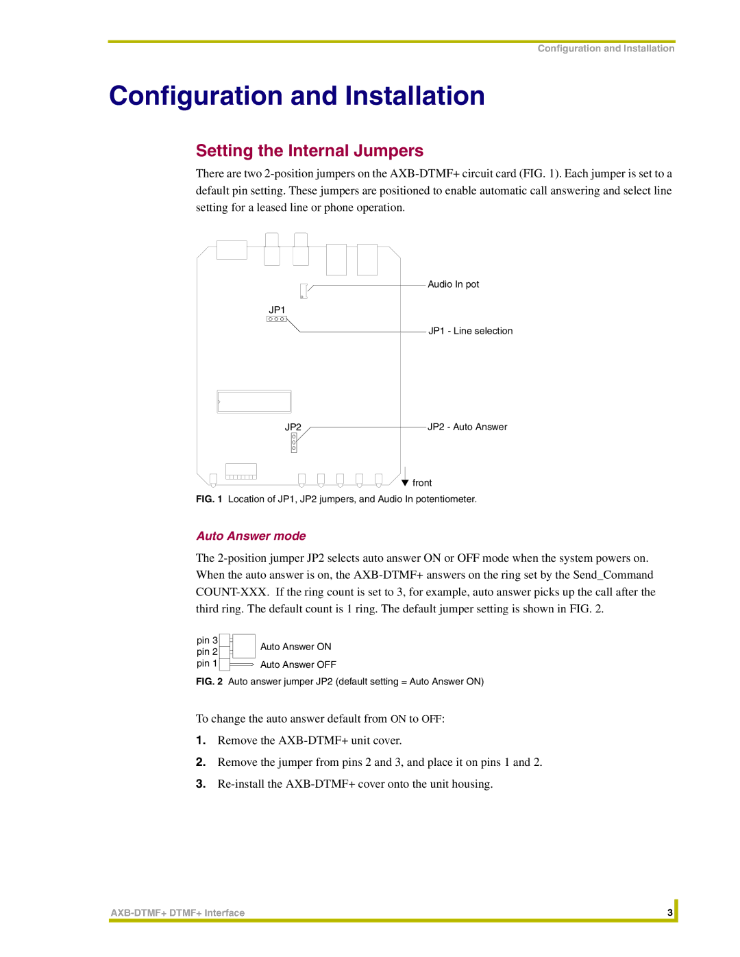 AMX AXB-DTMF+ instruction manual Setting the Internal Jumpers, Auto Answer mode 