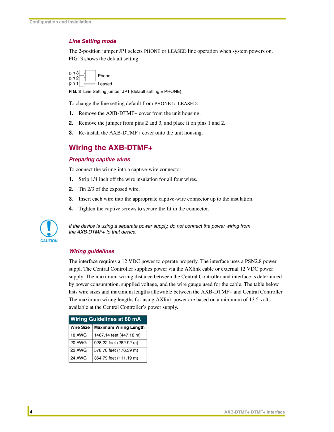 AMX Wiring the AXB-DTMF+, Line Setting mode, Preparing captive wires, Wiring guidelines, Wiring Guidelines at 80 mA 