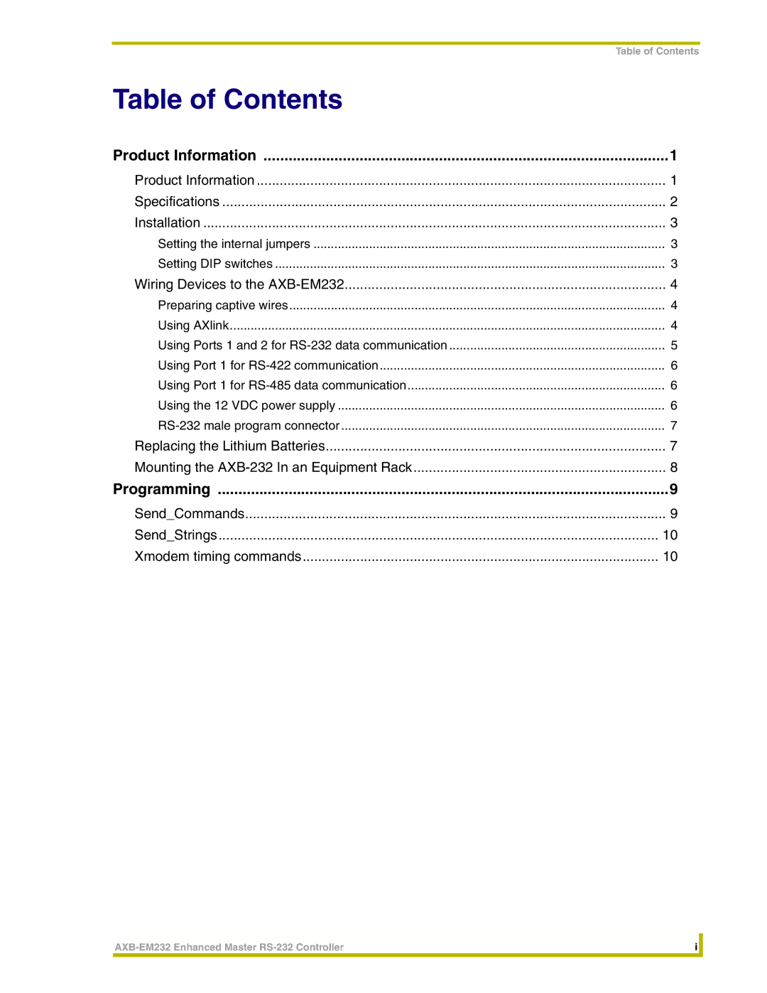 AMX AXB-EM232 instruction manual Table of Contents 