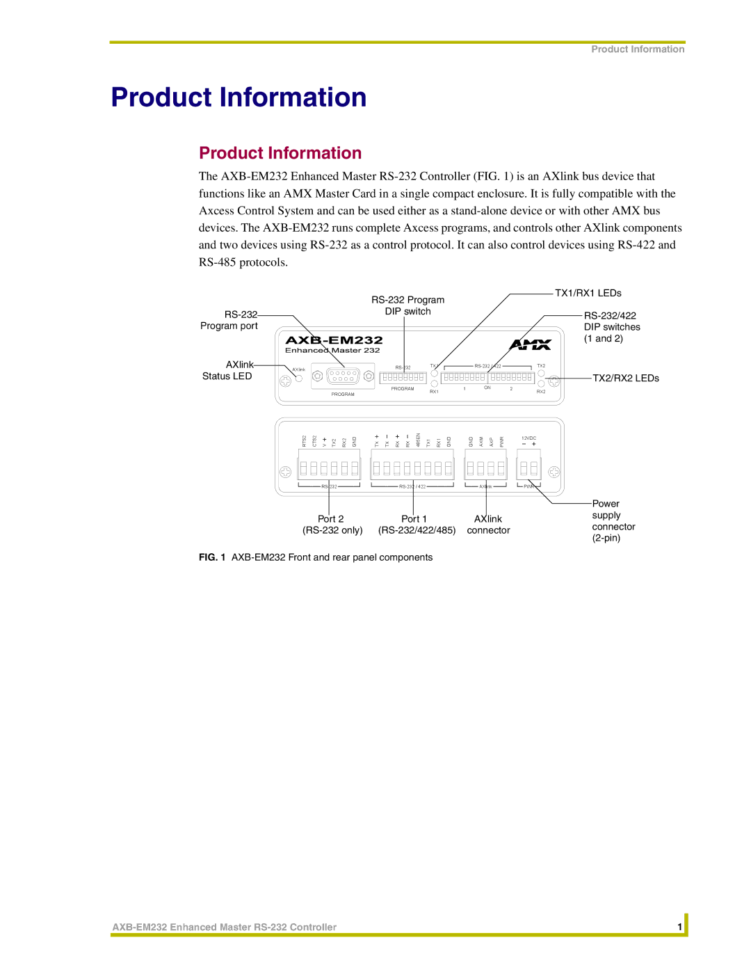 AMX AXB-EM232 instruction manual Product Information 