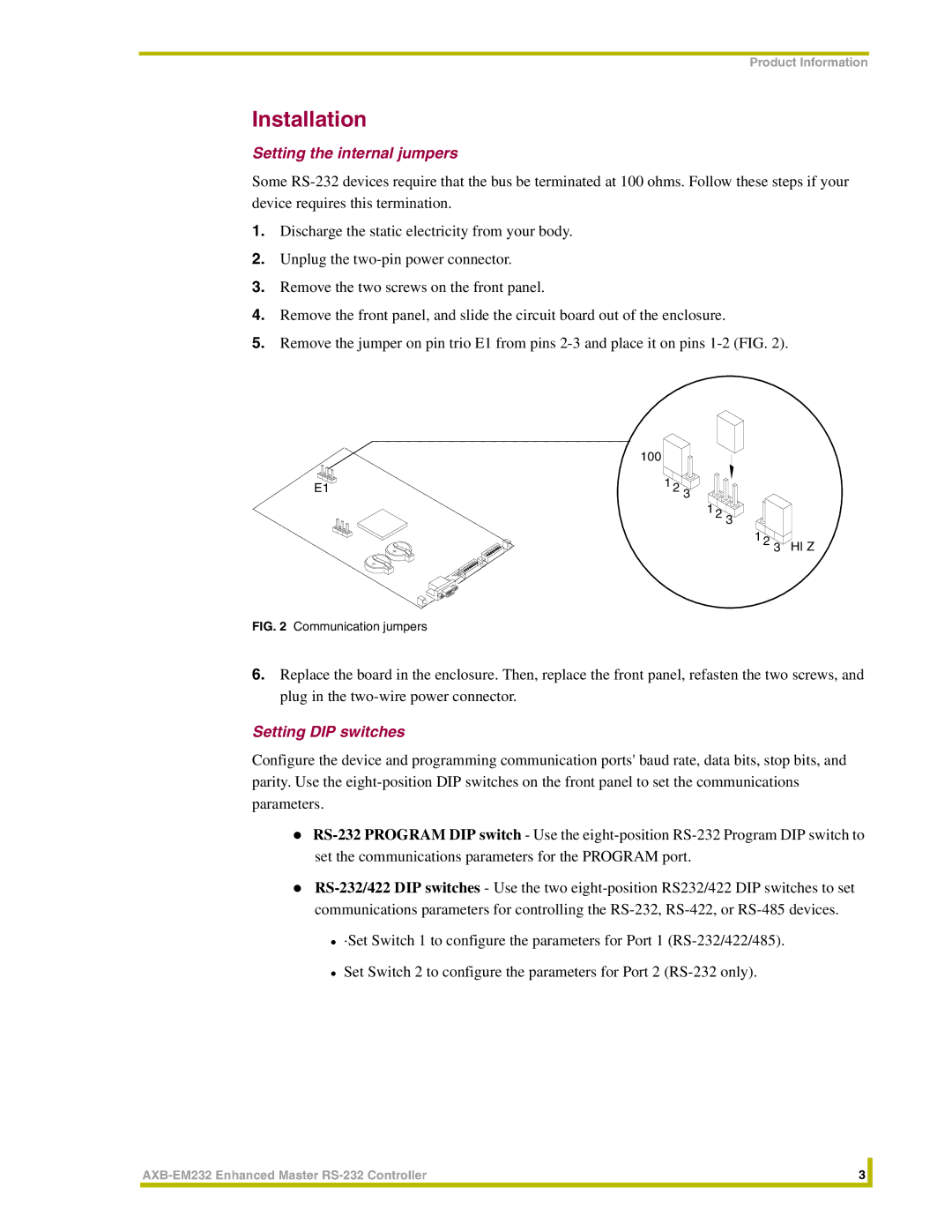 AMX AXB-EM232 instruction manual Installation, Setting the internal jumpers, Setting DIP switches 