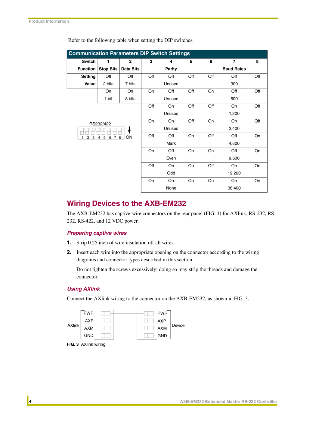 AMX Wiring Devices to the AXB-EM232, Communication Parameters DIP Switch Settings, Preparing captive wires 