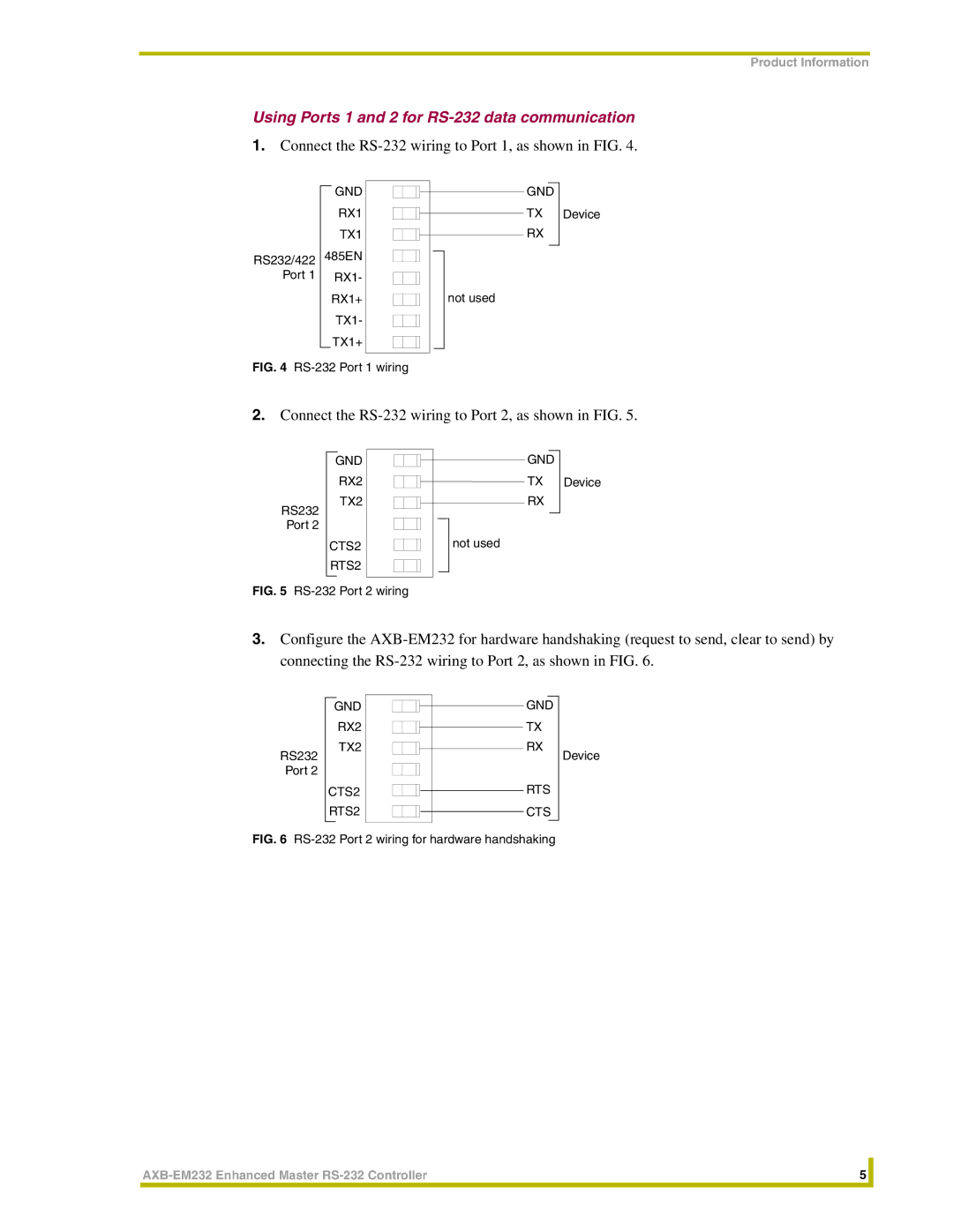 AMX AXB-EM232 instruction manual Using Ports 1 and 2 for RS-232 data communication, RS-232 Port 1 wiring 