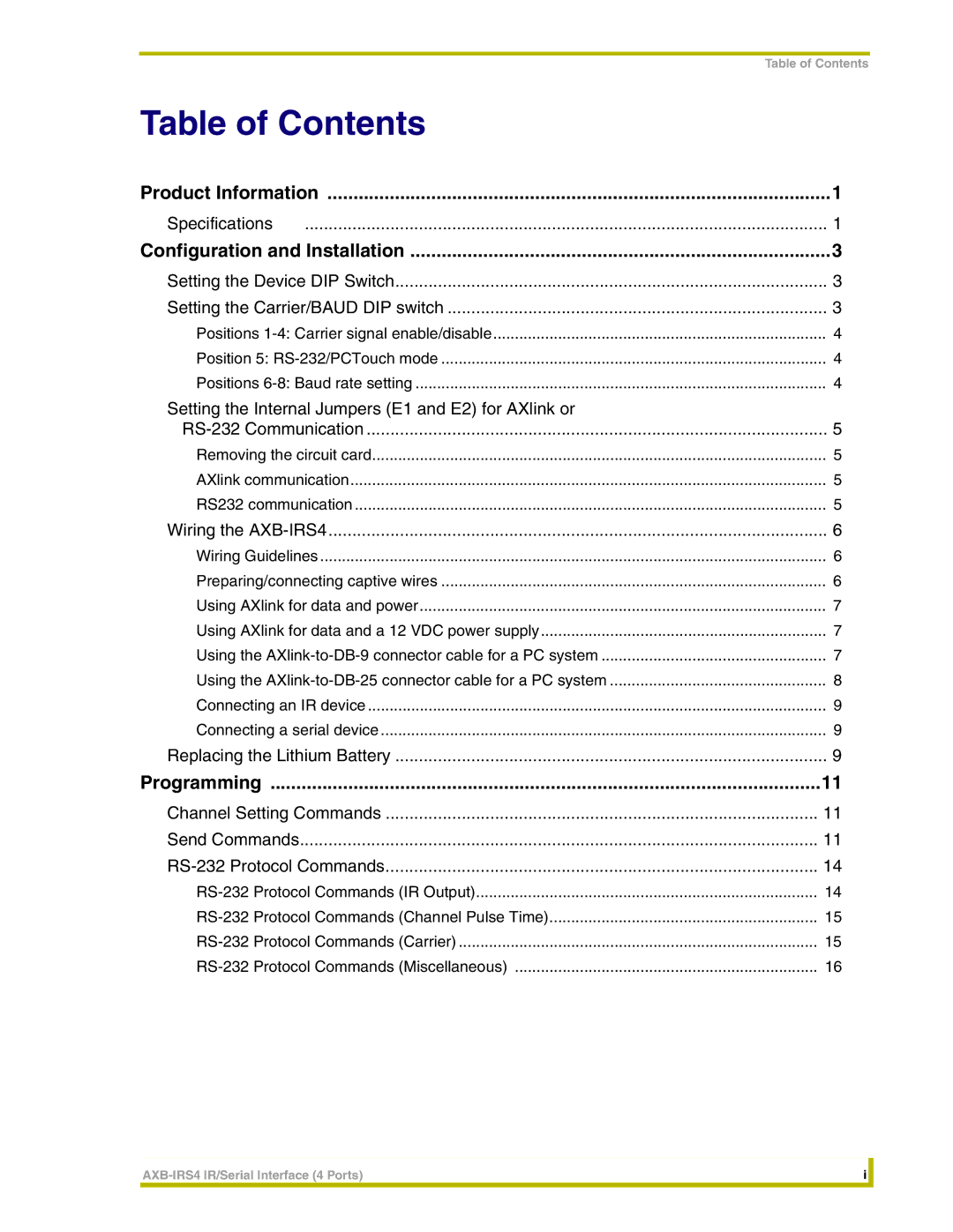 AMX AXB-IRS4 instruction manual Table of Contents 