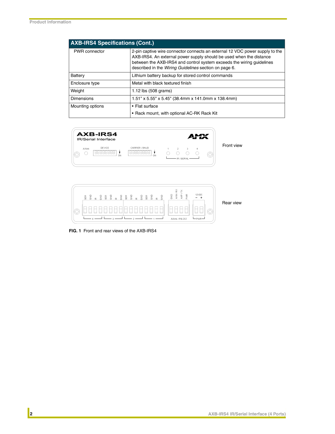 AMX instruction manual Front and rear views of the AXB-IRS4 