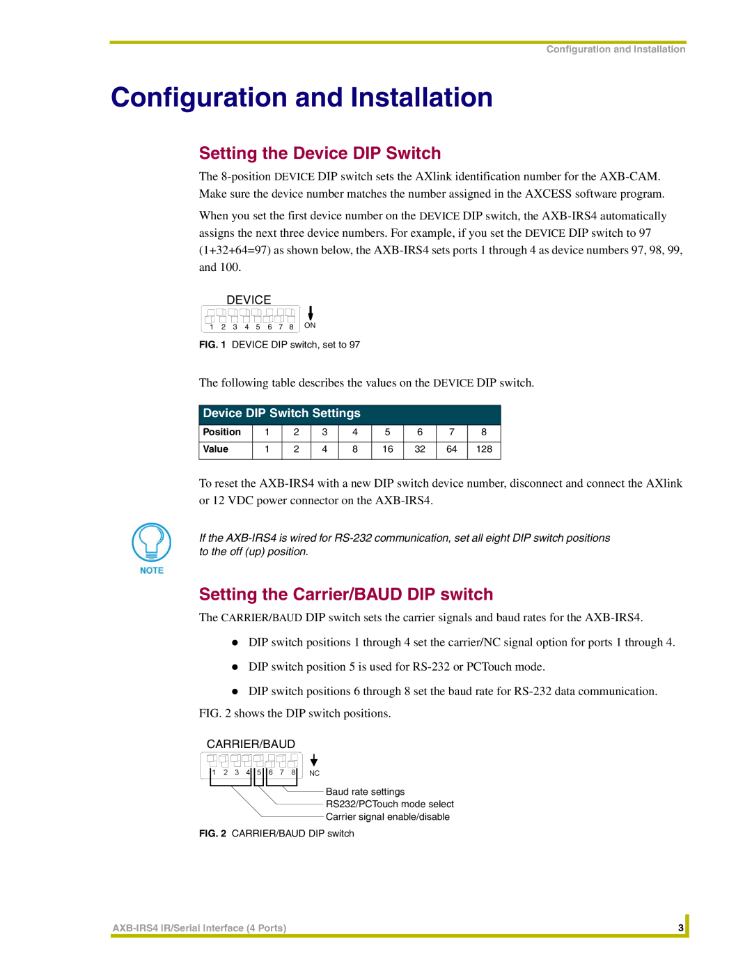 AMX AXB-IRS4 Configuration and Installation, Setting the Device DIP Switch, Setting the Carrier/BAUD DIP switch 