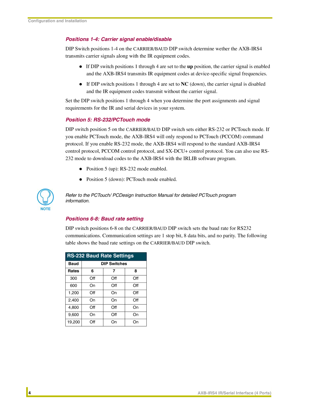 AMX AXB-IRS4 Positions 1-4 Carrier signal enable/disable, Position 5 RS-232/PCTouch mode, Positions 6-8 Baud rate setting 