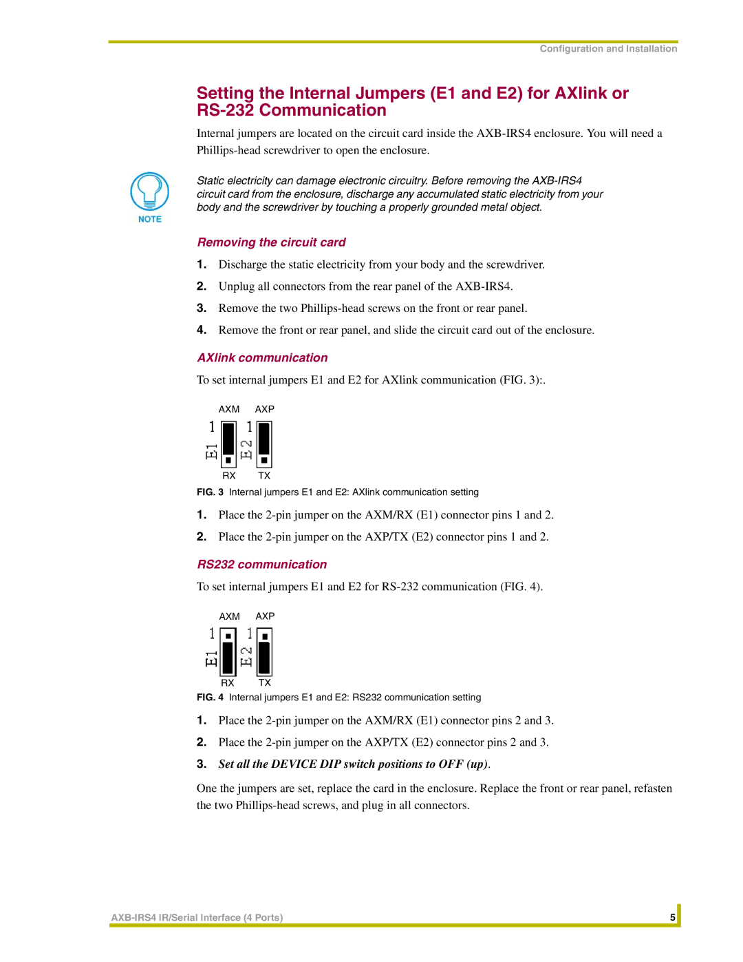 AMX AXB-IRS4 instruction manual Removing the circuit card, AXlink communication, RS232 communication 