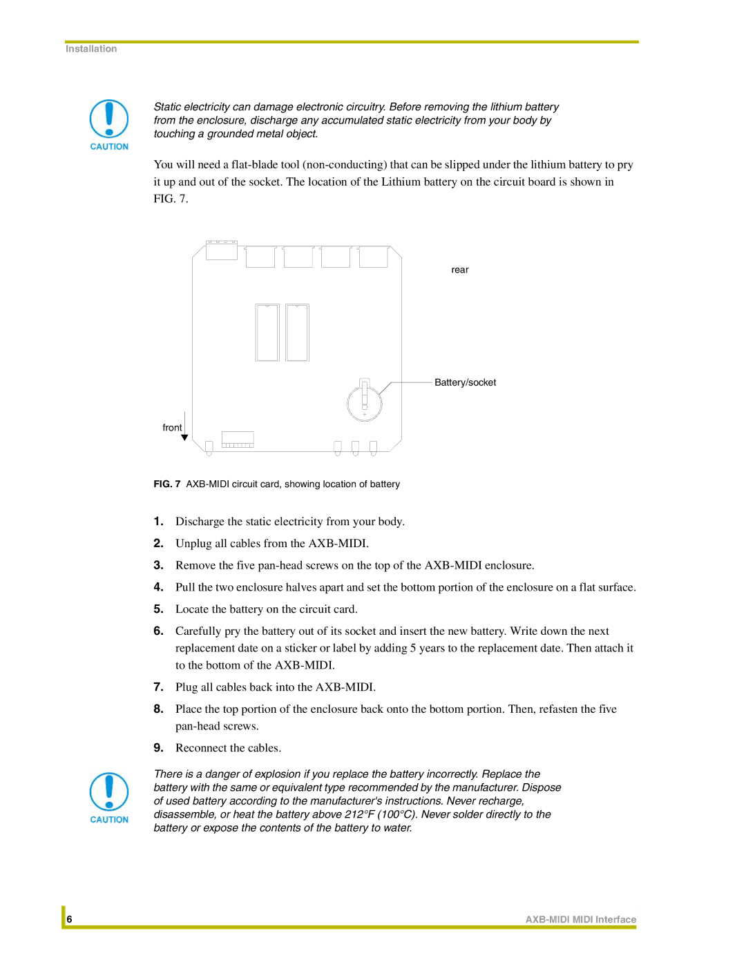 AMX instruction manual AXB-MIDI circuit card, showing location of battery 