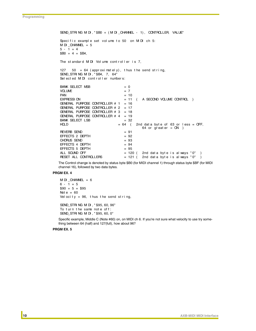 AMX AXB-MIDI instruction manual Bank Select MSB Volume PAN Expression 