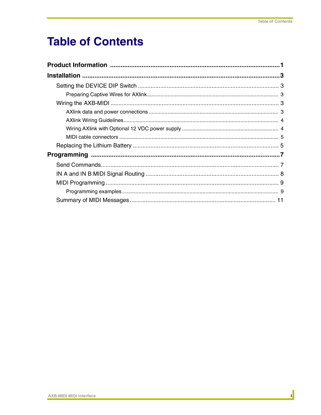 AMX AXB-MIDI instruction manual Table of Contents 