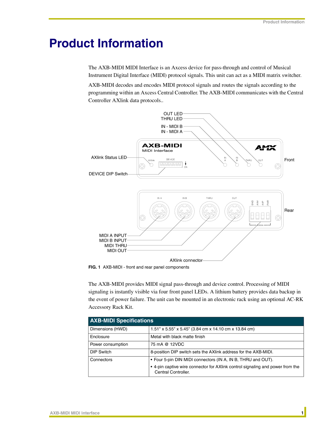 AMX instruction manual Product Information, AXB-MIDI Specifications 