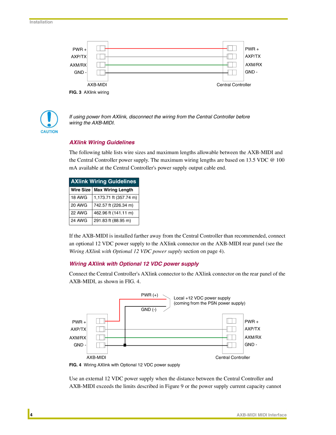 AMX AXB-MIDI instruction manual AXlink Wiring Guidelines, Wiring AXlink with Optional 12 VDC power supply 