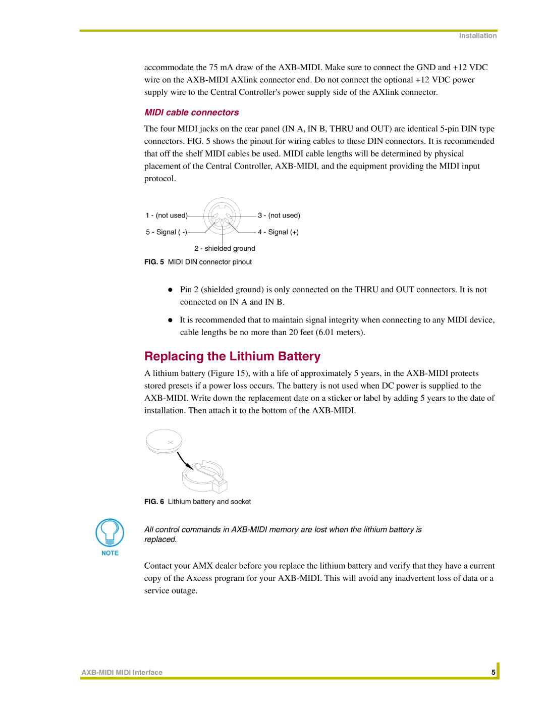 AMX AXB-MIDI instruction manual Replacing the Lithium Battery, Midi cable connectors 