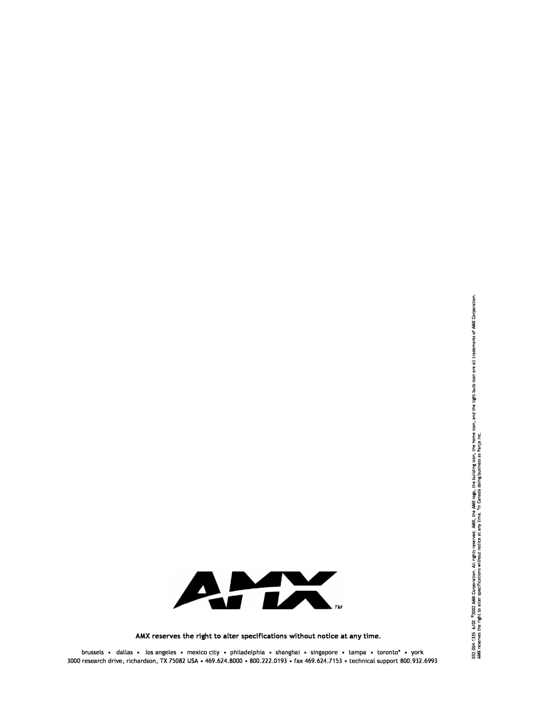 AMX AXB-MIDI Panja Inc, AMX reserves, the building icon, doing business as, AMX logo, In Canada, 2002AMX Corporation, 6/02 