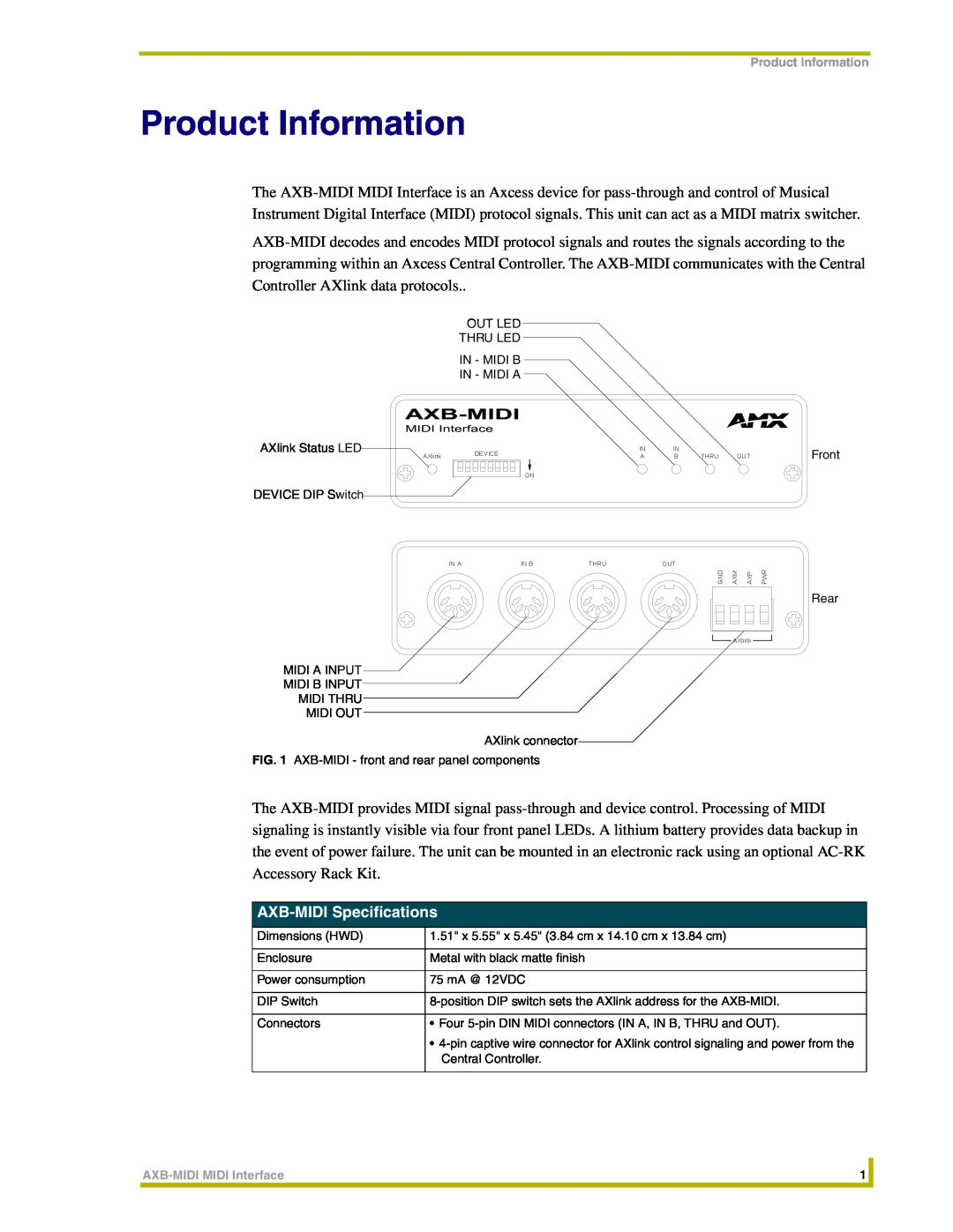 AMX instruction manual Product Information, AXB-MIDI Specifications 