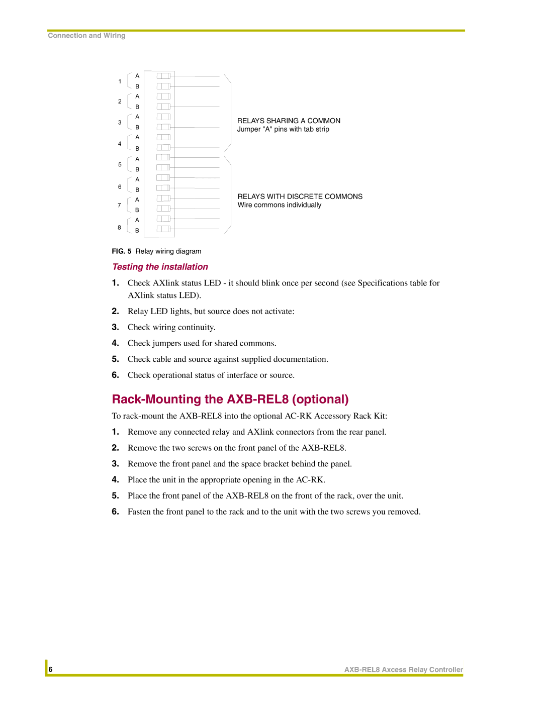 AMX instruction manual Rack-Mounting the AXB-REL8 optional, Testing the installation 