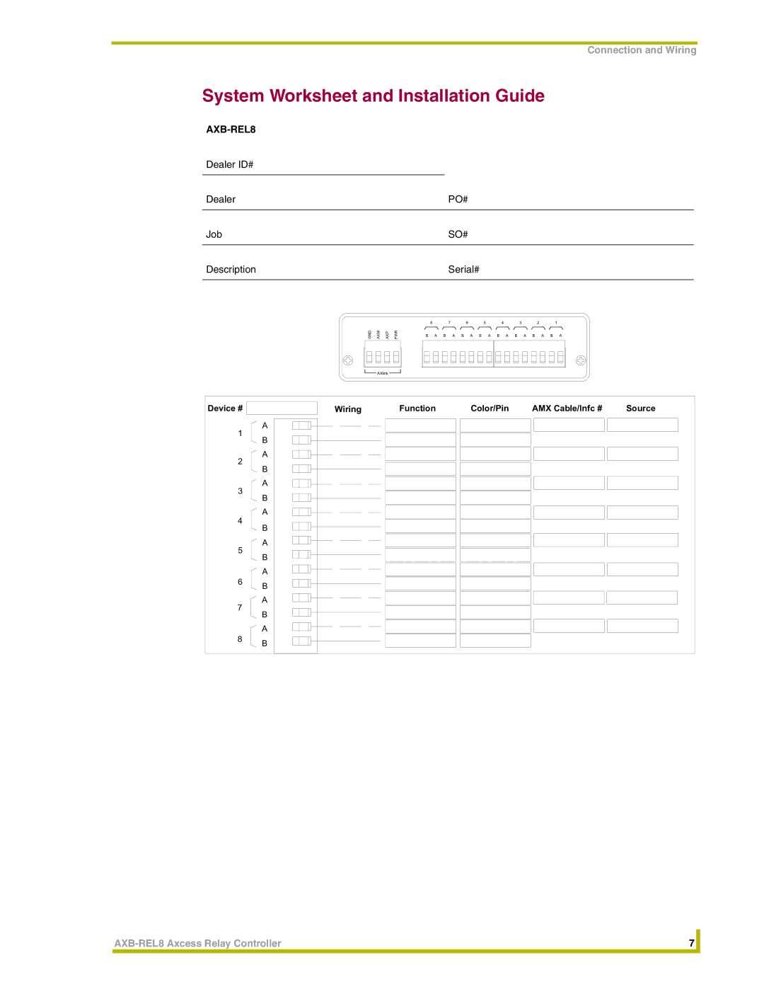 AMX AXB-REL8 instruction manual System Worksheet and Installation Guide 