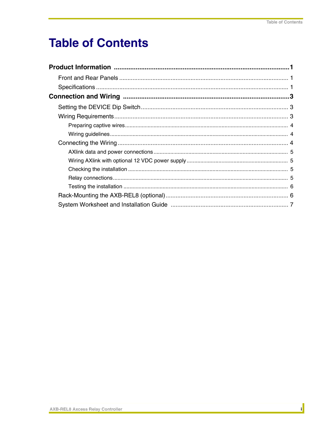 AMX AXB-REL8 instruction manual Table of Contents 