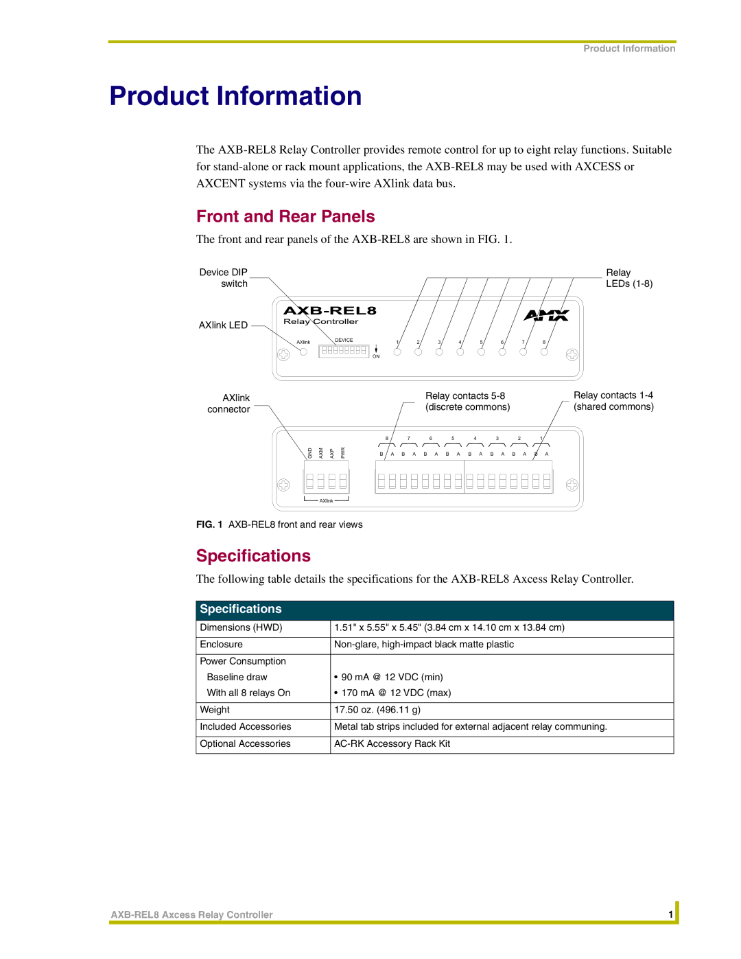 AMX AXB-REL8 instruction manual Product Information, Front and Rear Panels, Specifications 