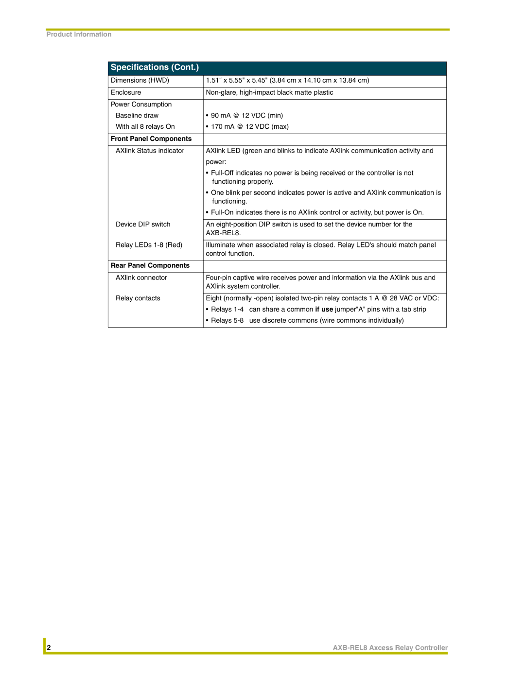 AMX AXB-REL8 instruction manual Front Panel Components 