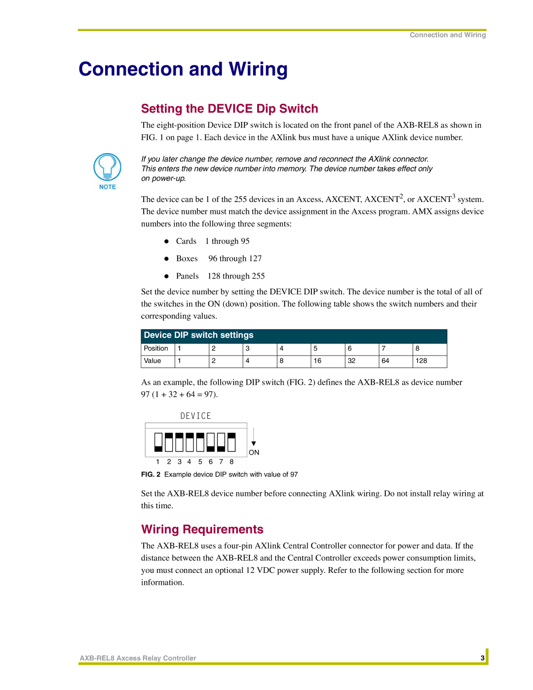 AMX AXB-REL8 Connection and Wiring, Setting the Device Dip Switch, Wiring Requirements, Device DIP switch settings 