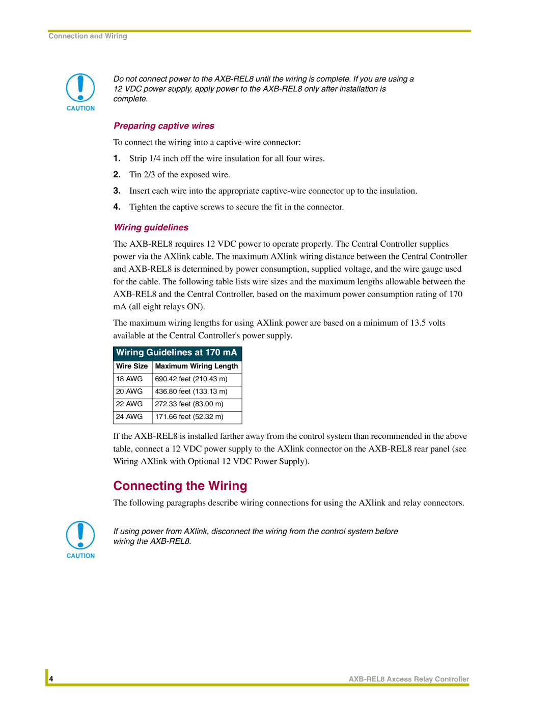 AMX AXB-REL8 Connecting the Wiring, Preparing captive wires, Wiring guidelines, Wiring Guidelines at 170 mA 