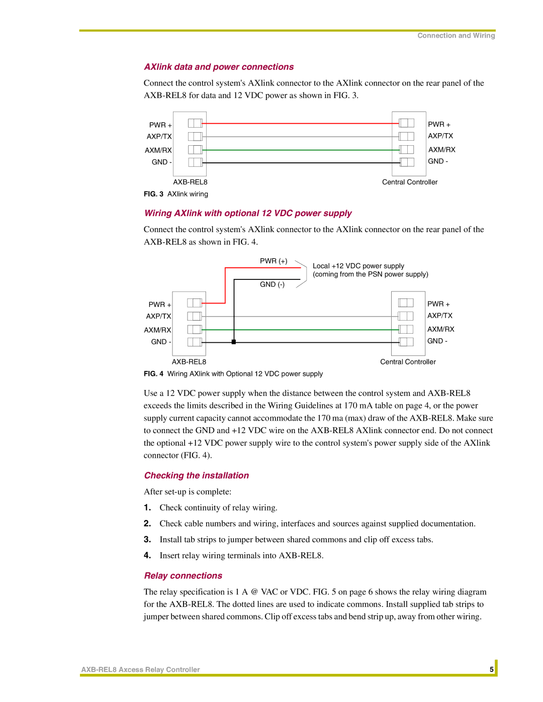 AMX AXB-REL8 AXlink data and power connections, Wiring AXlink with optional 12 VDC power supply, Checking the installation 